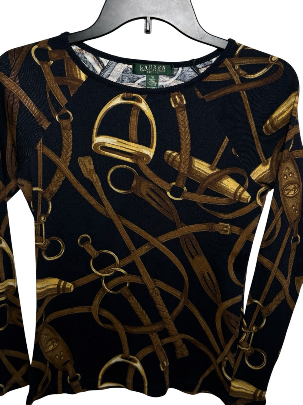 Lauren Ralph Lauren Equestrian Print Top Petite Small Horse Bit Long Sleeve